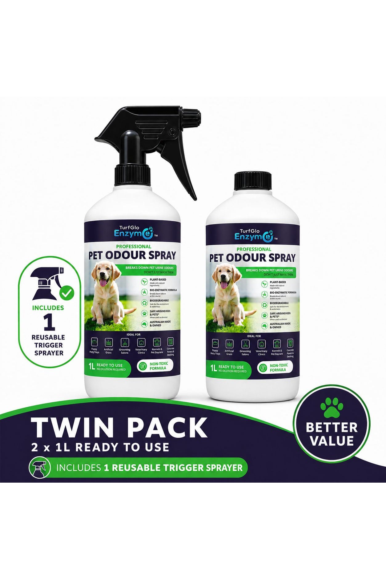 TurfGlo Enzyme®️ Pet Odour Spray Twin Pack – 2 × 1L Ready to Use